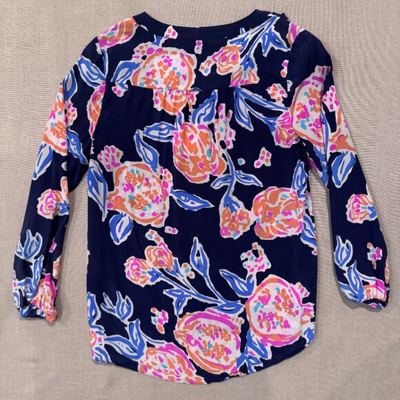 Lilly Pulitzer Silk Floral Blouse Women’s Small Navy Pink Orange Long Sleeve Top - Picture 5 of 7